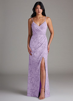Azazie Maci Bridesmaid Dresses Lilac Sheath Pleated Floral Burnout Dress image1