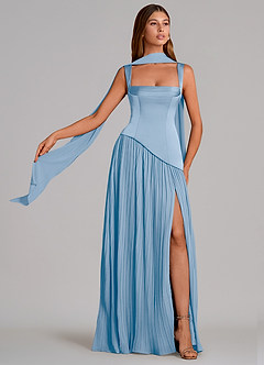 Azazie Stephanie Vestidos de damas de honor Vestido de Azul Pálido de Satén Elástico de Corte en A con Plisado image1