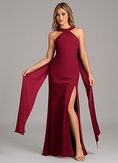 Azazie Kinsley Vestidos de damas de honor Vestido de Borgoña de Gasa de Corte Sirena con Plisado image1