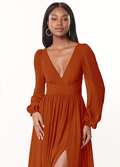 Azazie Norah Bridesmaid Dresses Paprika A-Line V-Neck Long Sleeve Chiffon Dress image5