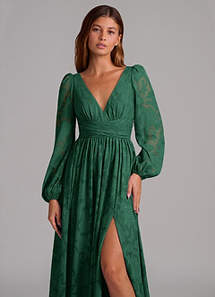 Azazie Norah Vestidos de damas de honor Vestido de Verde Oscuro de Devorado Floral de Corte en A con Manga larga image7