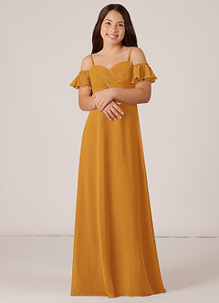 Azazie Juna Junior Robe Trapèze en Mousseline de soie Épaule décolletée Caramel écossais image4