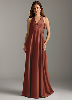 Azazie Tessie Bridesmaid Dresses Auburn A-Line Pleated Stretch Satin Dress image3