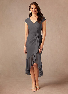 Azazie Renetta Mother of the Bride Dresses Steel Grey Sheath V-Neck Pleated Mesh Dress image4