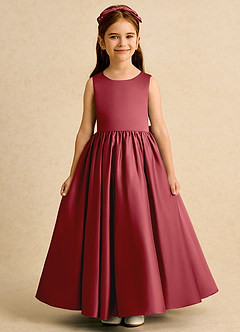 Azazie Nellia Blumenmädchenkleider A-Linie Schleifen Matte Satin Kleid Granatapfelrot image2