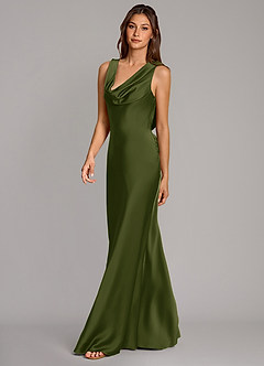 Azazie Cheryl Vestidos de damas de honor Vestido Oliva Brillante de Satén Elástico de Corte Sirena image3