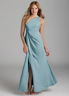 Azazie Mika Junior Moody Blue A-Line Pleated Stretch Satin Dress image1