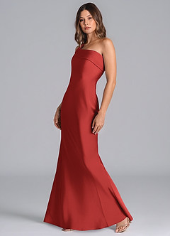 Azazie Driea Bridesmaid Dresses Pomegranate Mermaid One Shoulder Stretch Satin Dress image6