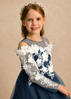 Azazie Lilah Flower Girl Dresses Dark Navy A-Line Lace Tulle Dress image6