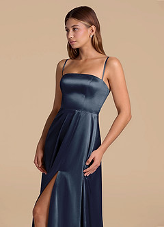 Azazie Wren Brudtärnklänningar Klä av A-Linje i Metallisk satin Axelbandslös Mörk Marinblå image6