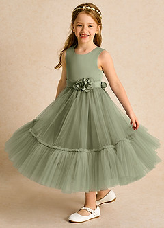 Azazie Miracle Blumenmädchenkleider A-Linie Schleifen Matte Satin Kleid Pistazie image4