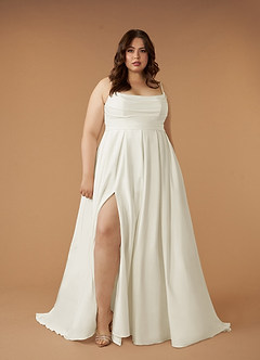 Azazie Caymus Wedding Dresses Cream A-Line Scoop Pleated Crepe Back Satin Dress image9