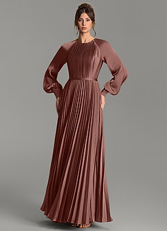Azazie Grayson Robes de demoiselle d'honneur Robe Trapèze en Satin extensible Manches longues Espresso image3