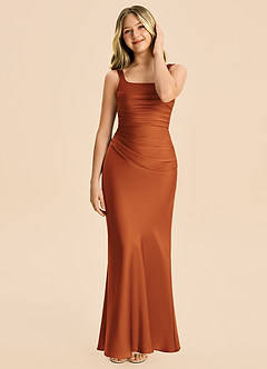 Azazie Agustina Junior Cinnamon Sheath Pleated Stretch Satin Dress image3