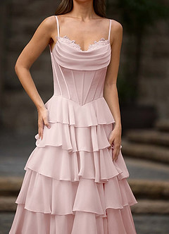 Floralace Rosa Empolvado Vestido de fiesta de corte A con volantes image6