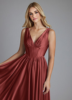 Azazie Delmie Robes de demoiselle d'honneur Robe Trapèze en Satin extensible Corset Terracotta image7