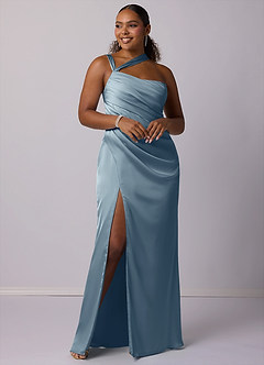 Barbie ♥ Azazie Bridesmaid Dresses Dusty Blue Mermaid One Shoulder Stretch Satin Dress image8