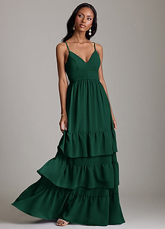 Azazie Nathalia Probar vestidos en casa Vestido de Esmeralda de Gasa de Corte en A con Volante image1