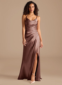 Azazie Deandra Bridesmaid Dresses Espresso Mermaid Pleated Metallic Satin Dress image4