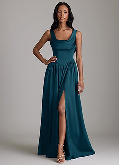 Azazie Novi Bridesmaid Dresses Ink Blue A-Line with Pockets Stretch Satin Dress image1
