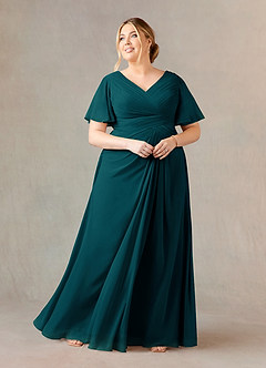 Azazie Morning Glory Mère de la mariée Robes Robe Trapèze en Mousseline de soie Col V froncé Vert Pin image5