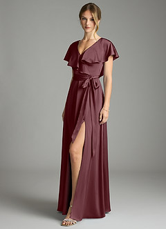 Azazie Lainey Bridesmaid Dresses Sangria A-Line with Pockets Stretch Satin Dress image4