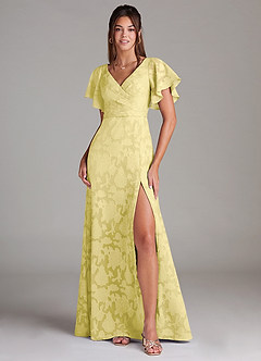 Azazie Ambrosia Jurken voor bruidsmeisjes Jurk van Bloemen Burn-out met A-Lijn Geplooid Kanarie image1