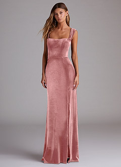 Azazie Junia Robes de demoiselle d'honneur Robe Fourreau Convertible en velours Épaule décolletée Rose Poussiéreuse image1