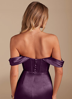 Azazie Asha Bridesmaid Dresses Plum Sheath Off the Shoulder Metallic Satin Dress image6