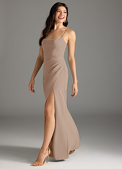 Azazie Rhoda Bridesmaid Dresses Taupe Sheath Pleated Stretch Crepe Dress image4