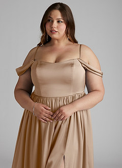 Azazie Morana Jurken voor bruidsmeisjes Converteerbaar Jurk van Stretch Satijn met A-Lijn Off the Shoulder Taupe image15