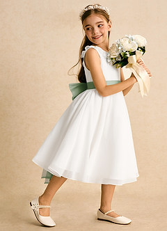 Azazie Dani Flower Girl Dresses Ivory Dusty Sage A-Line Bow Chiffon Dress image3