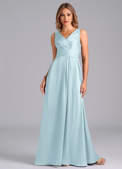 Azazie Karina Bridesmaid Dresses Cloud Blue A-Line Pleated Stretch Satin Dress image4