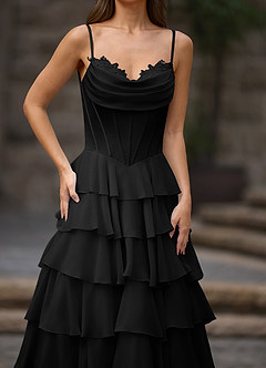 Floralace Black Ruffled A-line Prom Dress image7