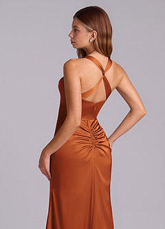 Azazie Amelie Bridesmaid Dresses Cinnamon A-Line Pleated Stretch Satin Dress image2