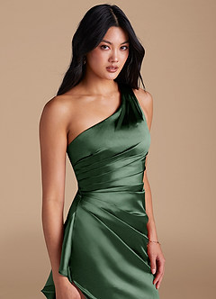 Azazie Latrice Bridesmaid Dresses Eucalyptus Sheath One Shoulder Metallic Satin Dress image3