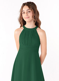 Azazie Linna Junior Vestido de Verde Oscuro de Gasa de Corte En A con Plisado image4