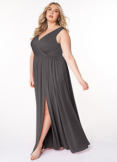 Azazie Tanicia Bridesmaid Dresses Steel Grey A-Line V-Neck Pleated Mesh Dress image7