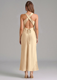 Azazie Evadne Vestidos de damas de honor Vestido de Champán de Satén Elástico de Corte Recto con Plisado image5