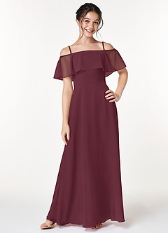 Azazie Maggie Junior Cabernet A-Line Off the Shoulder Chiffon Dress image3