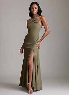 Azazie Lorena Vestidos de damas de honor Vestido de Verde Sauce de Gasa de Corte Sirena con Plisado image4