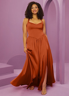 Barbie ♥ Azazie Robes de demoiselle d'honneur Robe Trapèze en Satin extensible avec poches Orange Brûlée image10