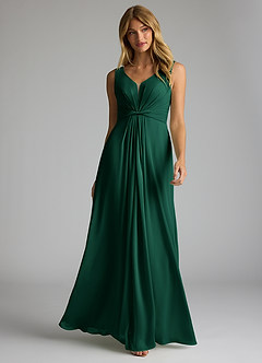 Azazie Gina Bridesmaid Dresses Emerald A-Line V-Neck Pleated Chiffon Dress image1