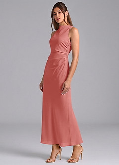 Azazie Evadne 신부 들러리 드레스 쉬스 주름진 쉬폰 발목 길이 드레스 image1