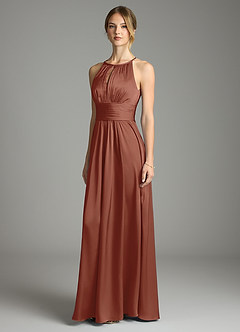 Azazie Bonnie Bridesmaid Dresses Auburn A-Line Pleated Stretch Satin Dress image1