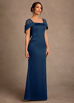 Azazie Henrieta At-home Try On Dresses Dark Navy Sheath Lace Stretch Satin Dress image3