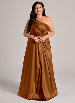 Azazie Brooke Bridesmaid Dresses Copper A-Line One Shoulder Metallic Satin Dress image11
