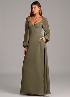 Azazie Annistyn Brudtärnklänningar Klänning av A-Linje i Chiffong Långärmad Pilgrön image1