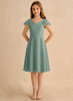 Azazie Narin Girls Formal Flower Girl Dresses Silver Sage A-Line with Sleeves Chiffon Dress image5