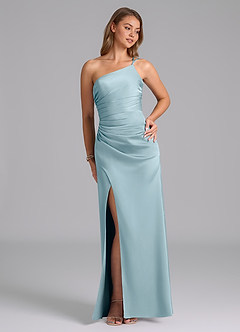 Azazie Eren Vestidos de damas de honor Vestido de Azul Malhumorado de Satén Elástico de Corte Sirena con Hombro unilateral image5